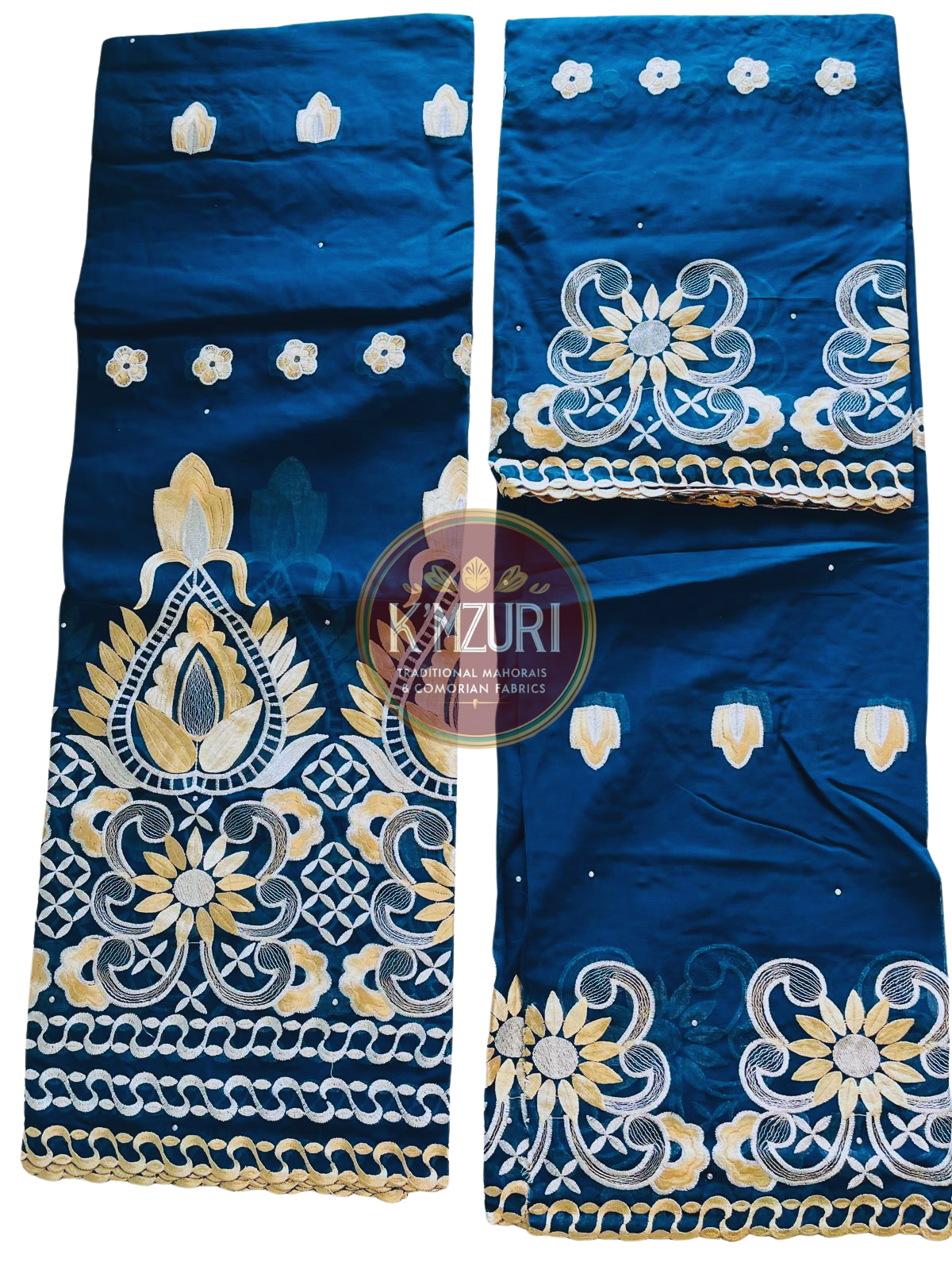 Salouva Brodé Bleu Roi & Beige Doré – 5 mètres + Châle