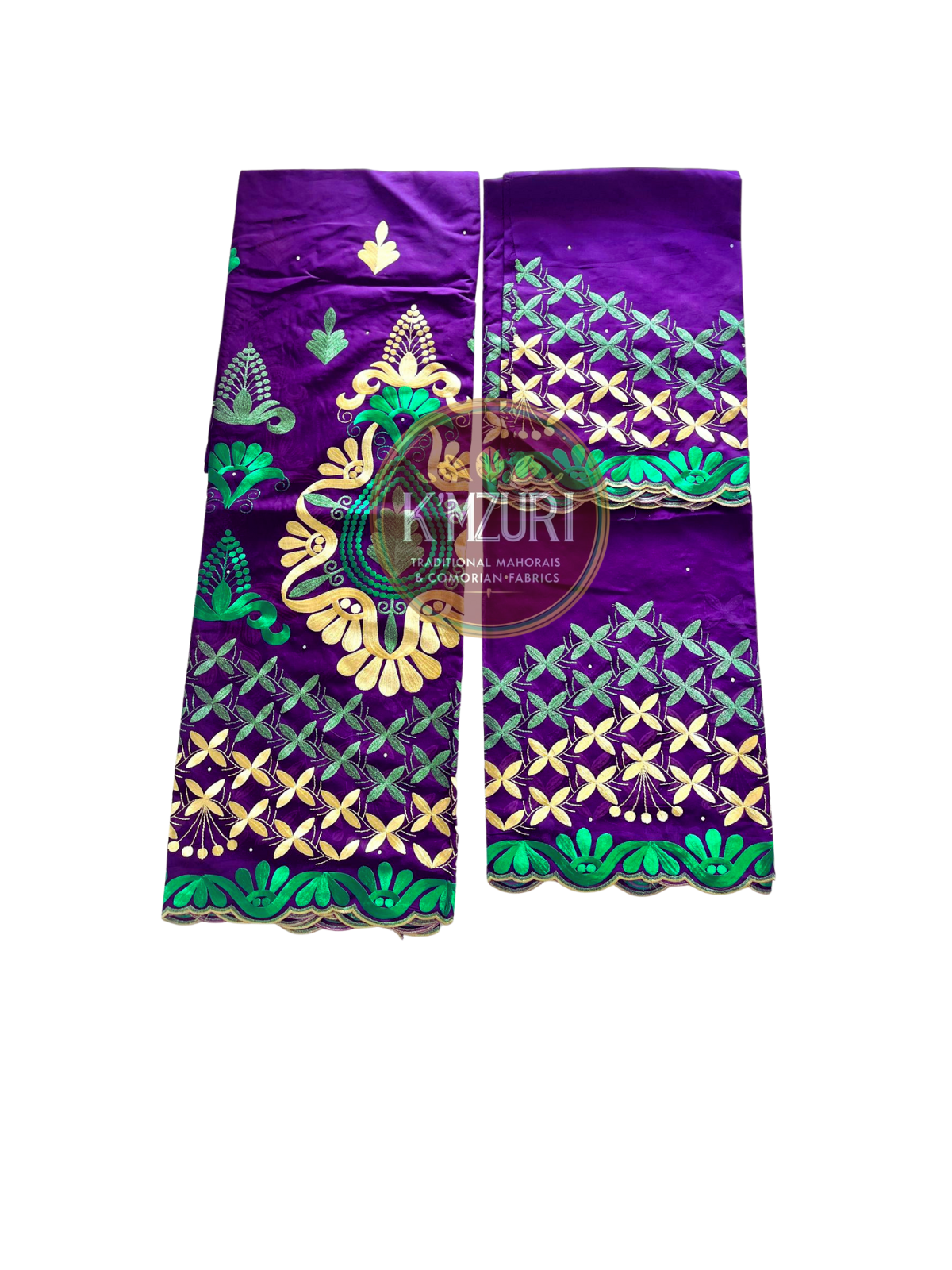 Salouva Brodé Violet, Vert & Doré – 5 mètres + Châle – 100% Coton