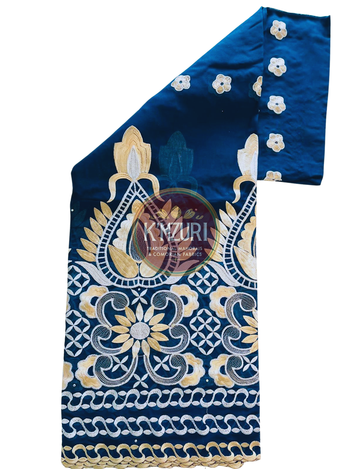 Salouva Brodé Bleu Roi & Beige Doré – 5 mètres + Châle