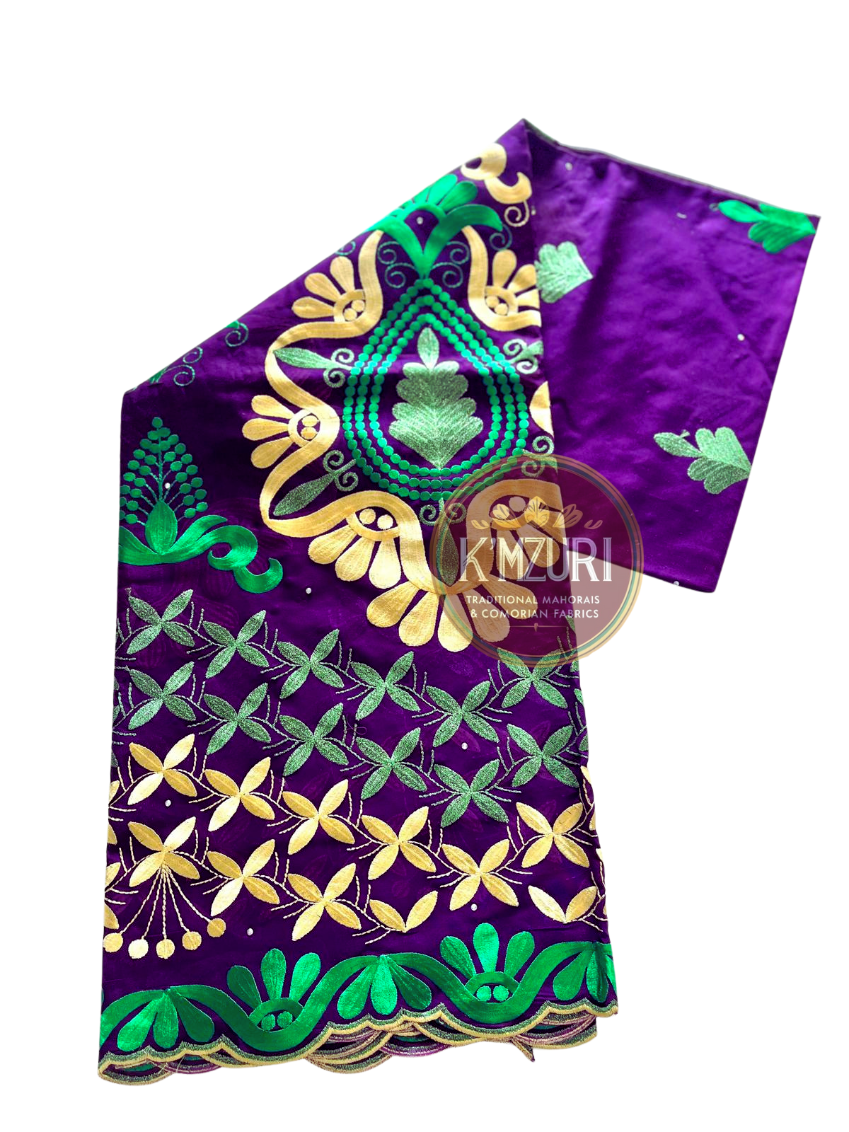 Salouva Brodé Violet, Vert & Doré – 5 mètres + Châle – 100% Coton